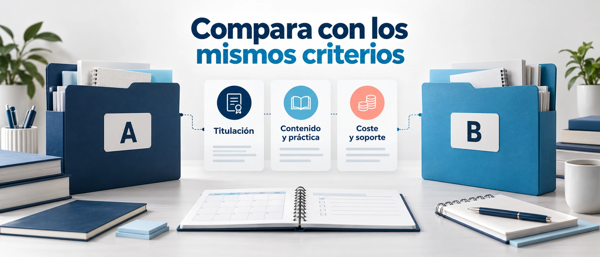 La comparación de cursos debe utilizar los mismos criterios de titulación, contenido, práctica, coste y soporte.