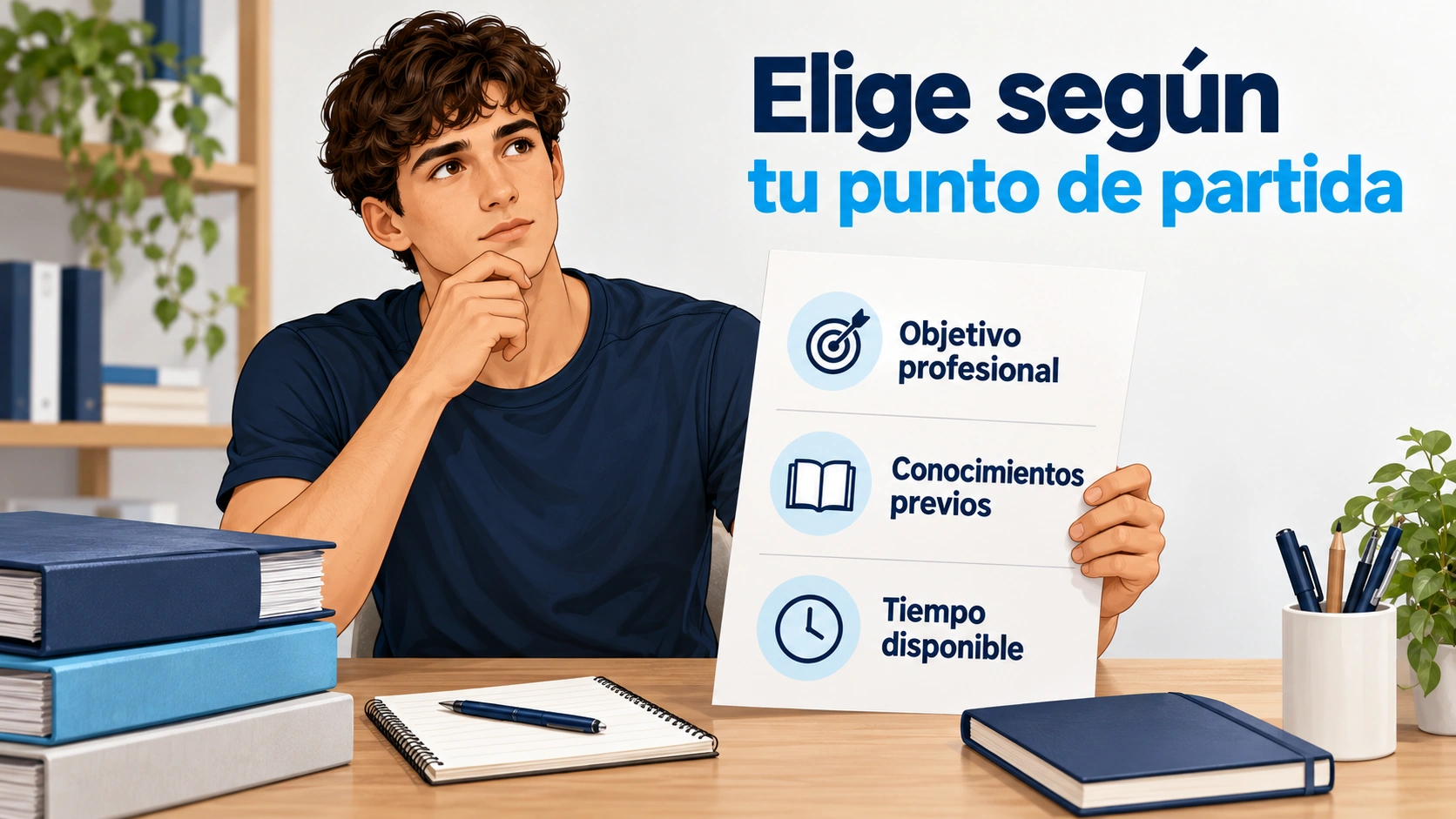 Un principiante compara cursos según su objetivo profesional, conocimientos previos y tiempo disponible.