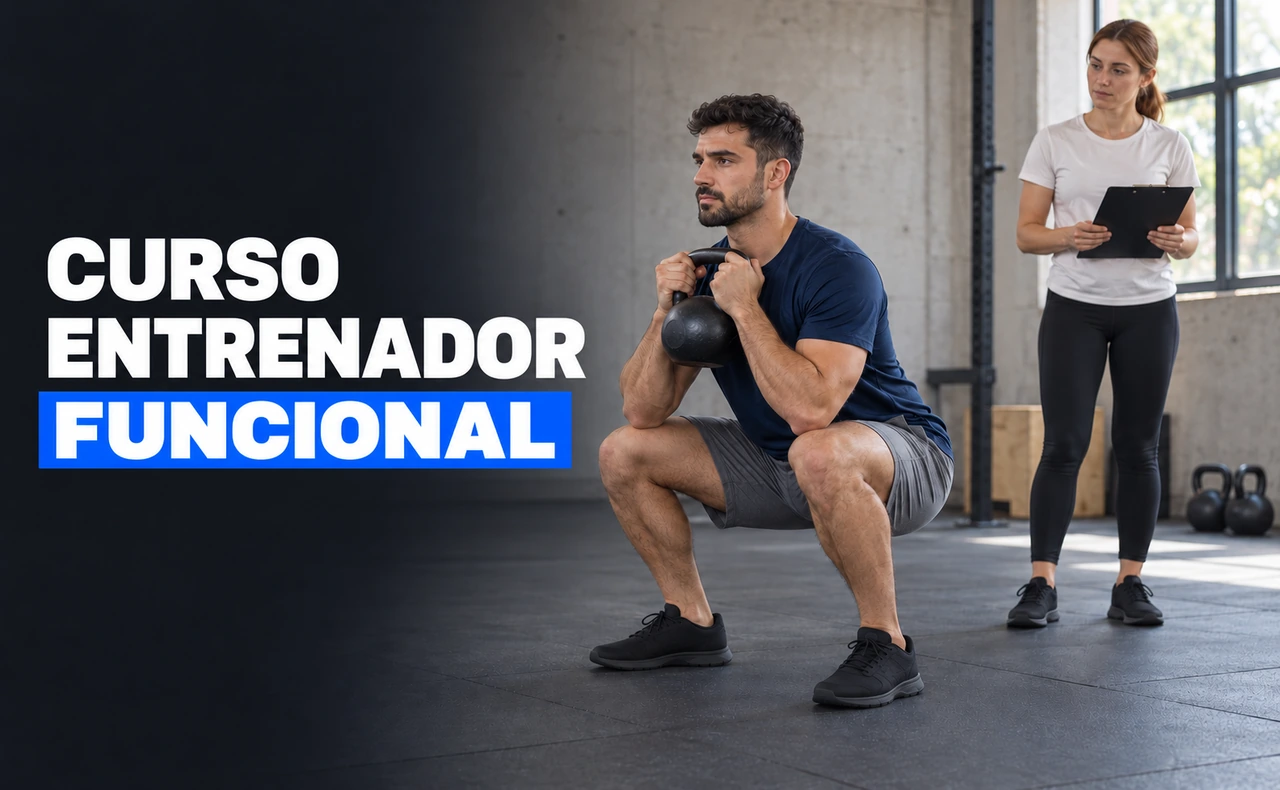 Joven realizando una sentadilla goblet con una pesa rusa mientras una joven observa con una carpeta en un estudio deportivo. Titular: «Curso entrenador funcional».