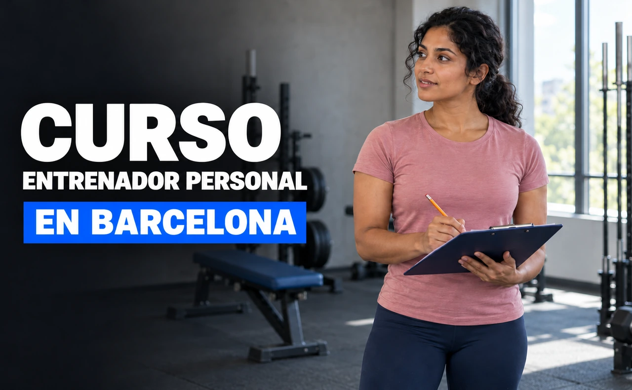 Mujer con camiseta rosa tomando notas en un portapapeles en una sala de entrenamiento. Titular: «Curso entrenador personal en Barcelona».