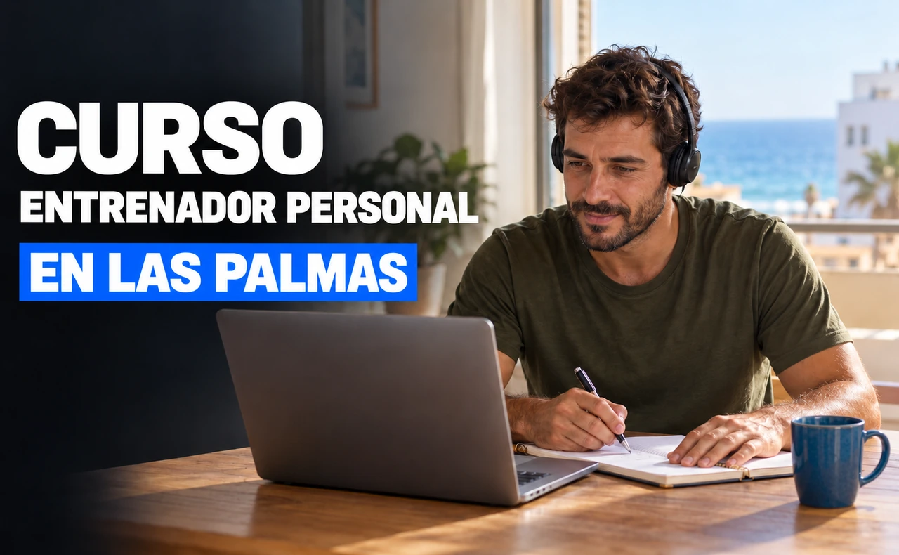 Hombre con camiseta verde y auriculares estudiando con un portátil y tomando notas junto a una ventana con el mar al fondo. Titular: «Curso entrenador personal en Las Palmas».