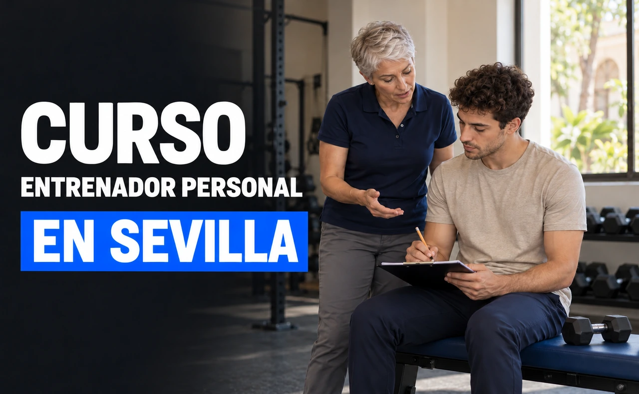 Hombre tomando notas en una tablilla mientras una mujer de pelo corto canoso le explica algo, en una sala de entrenamiento. Titular: «Curso entrenador personal en Sevilla».