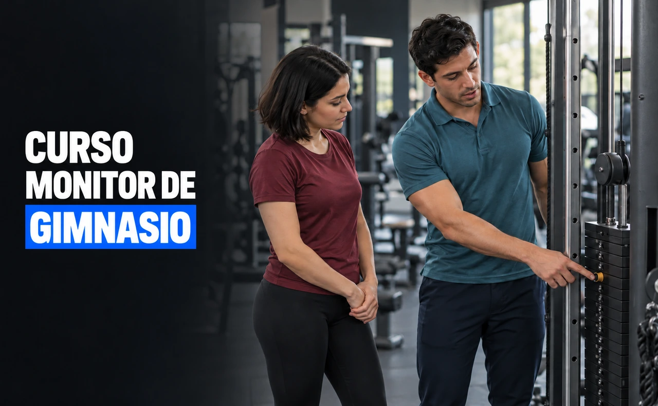 Dos jóvenes con ropa deportiva junto a una máquina de poleas; el joven señala el selector de la carga mientras la joven observa. Titular: «Curso monitor de gimnasio».