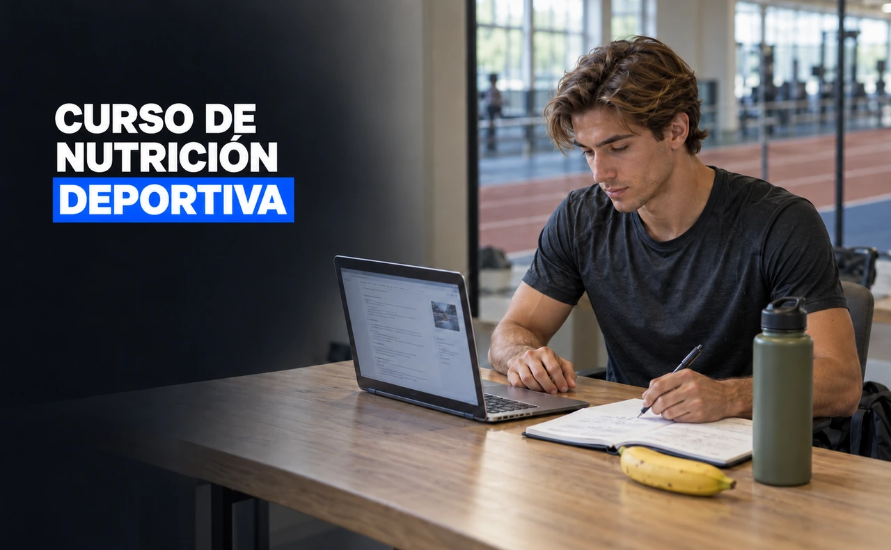 Joven con camiseta deportiva gris oscuro estudiando un curso en un portátil y tomando notas, con un plátano y una botella de agua sobre la mesa. Titular: «Curso de nutrición deportiva».