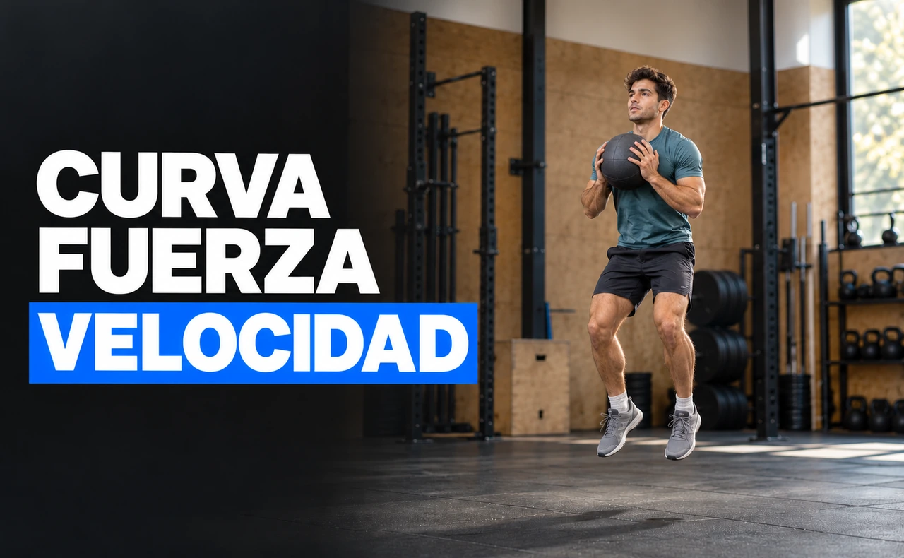 Deportista joven saltando con un balón medicinal sujeto con ambas manos en un gimnasio, con el titular «Curva fuerza velocidad».