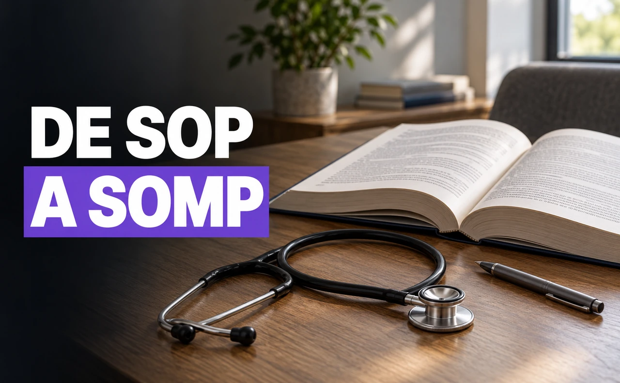 Libro abierto, estetoscopio y bolígrafo sobre una mesa de consulta, junto al titular «De SOP a SOMP».