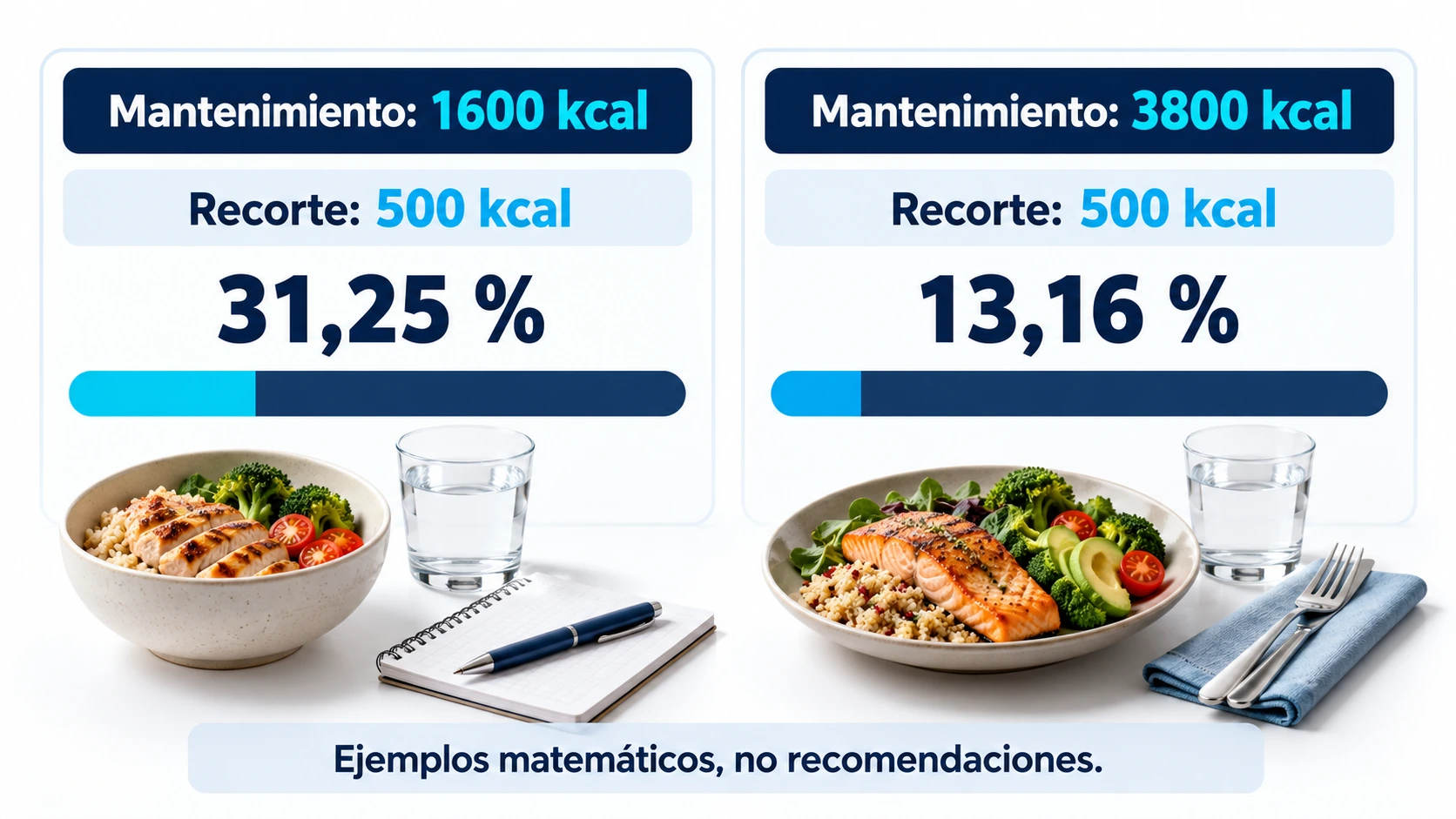 Comparación de lo que representa un recorte de quinientas kilocalorías sobre dos mantenimientos diferentes.