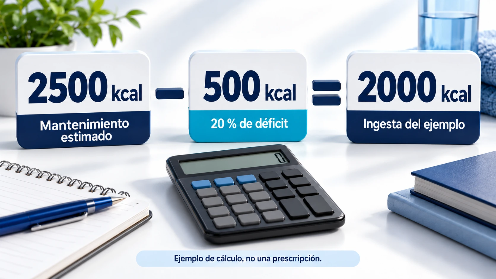 Cálculo de un déficit del veinte por ciento con un mantenimiento estimado de dos mil quinientas kilocalorías.