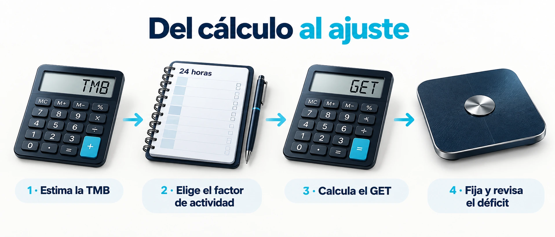 Secuencia para calcular el déficit: estimar la TMB, elegir el factor de actividad, calcular el gasto total y revisar el déficit.
