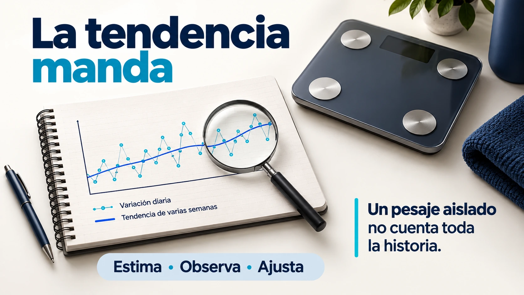 Registro de peso con fluctuaciones diarias y tendencia de varias semanas para revisar una estimación de déficit calórico.