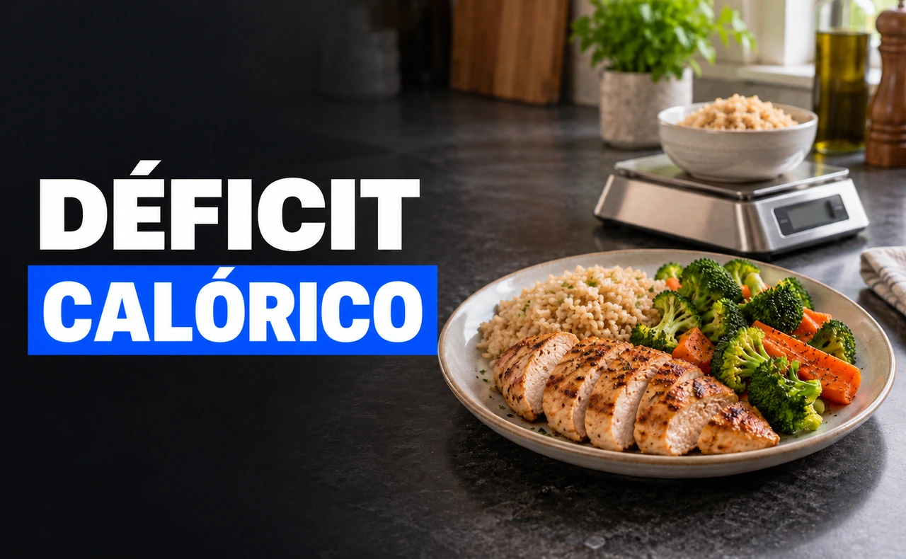 Plato de pollo a la plancha con arroz y verduras sobre una encimera, junto a una báscula de cocina con un bol de arroz. Titular: «Déficit calórico».