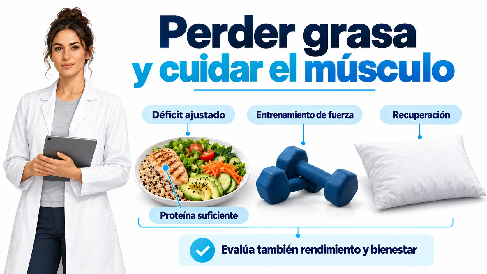 Profesional sanitaria junto a alimentación, entrenamiento de fuerza y recuperación durante la definición.