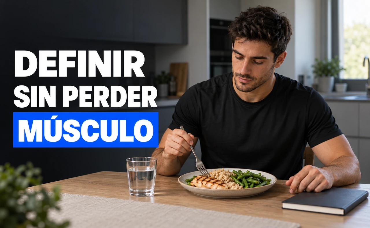 Hombre joven sentado ante un plato de pollo, arroz y judías verdes, con un tenedor y un cuaderno, junto al titular «Definir sin perder músculo».