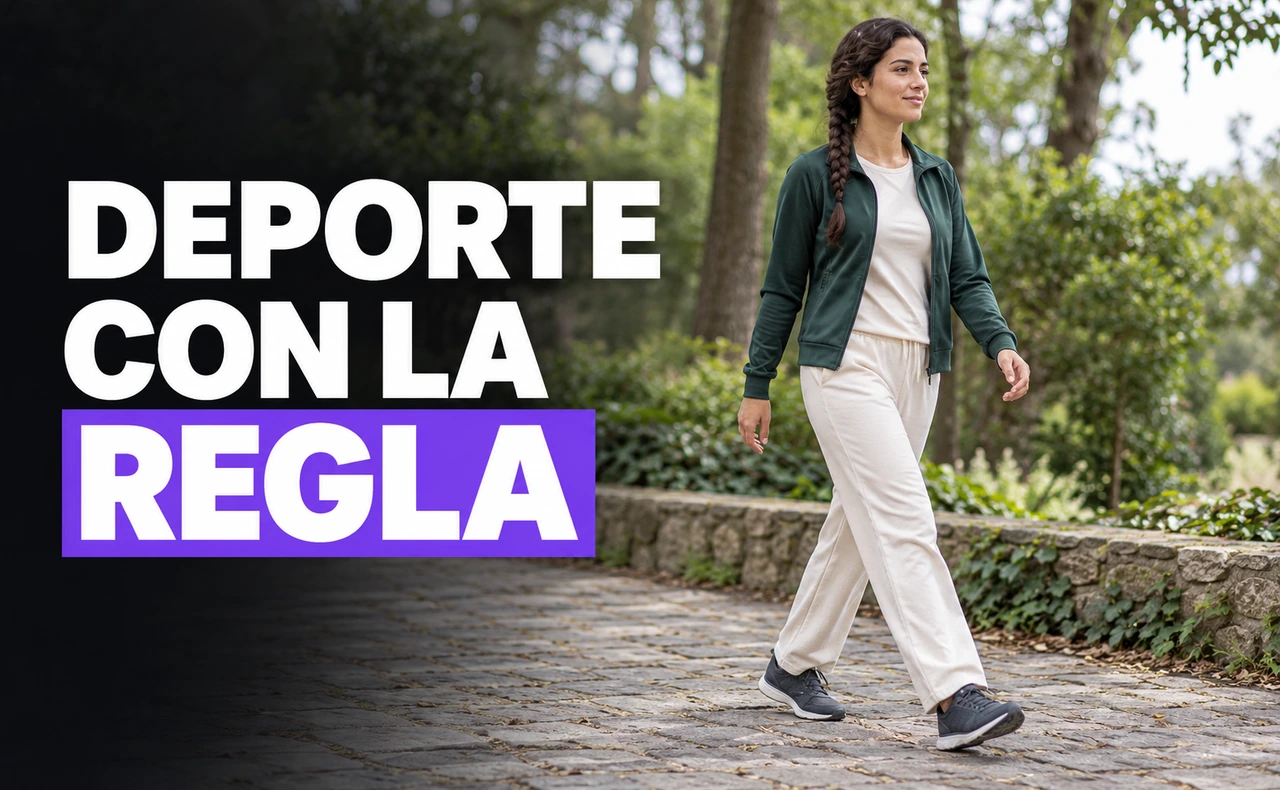 Deportista joven caminando a ritmo cómodo por un parque, junto al titular «Deporte con la regla».