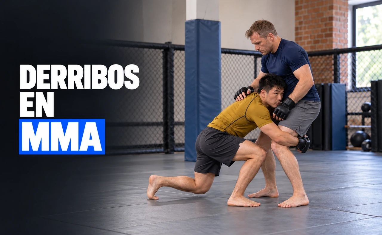 Dos hombres practicando la entrada de un derribo de doble pierna en un gimnasio, con el titular «Derribos en MMA».