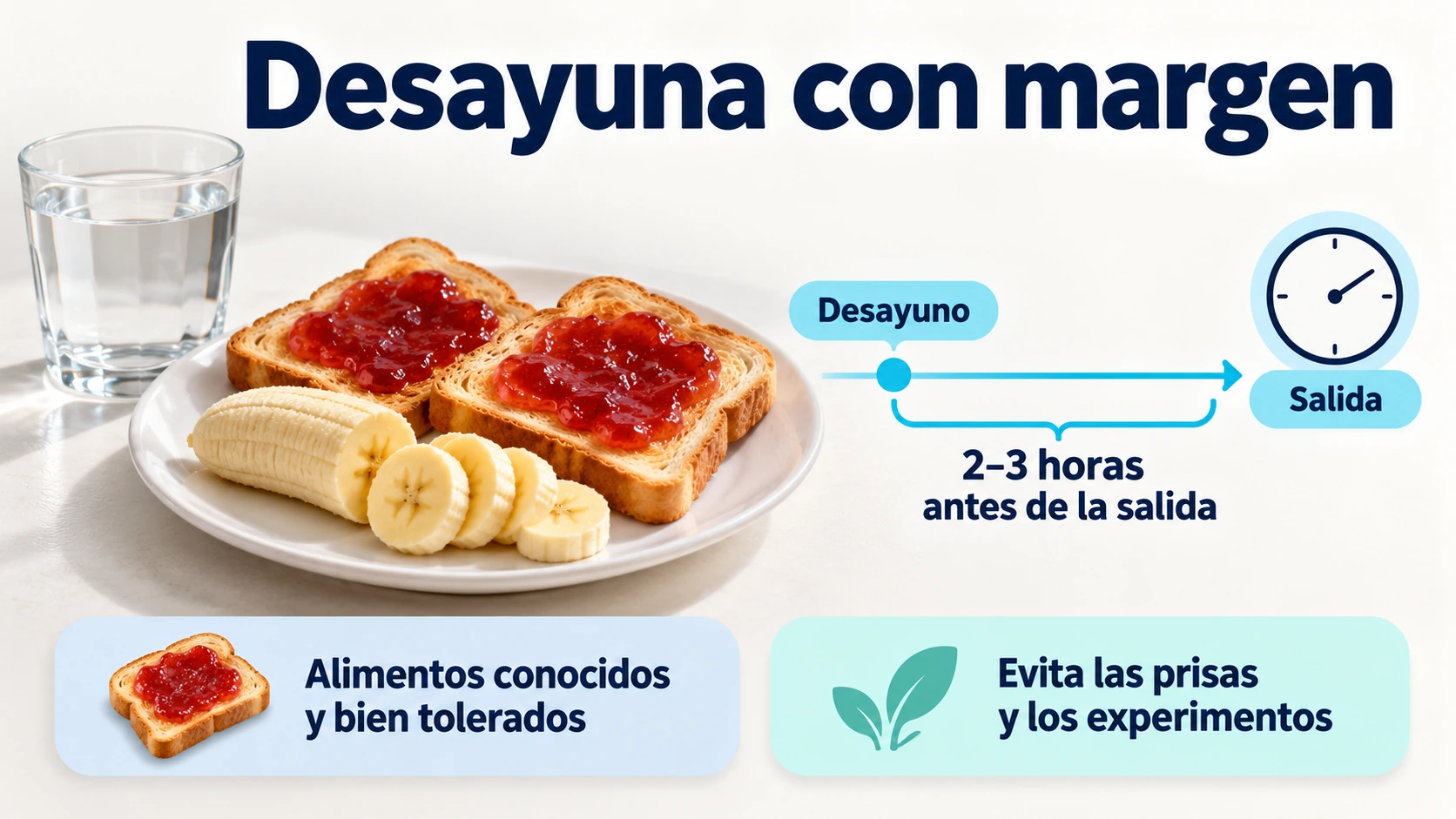 Desayuno sencillo con tostadas y plátano, acompañado de un margen de dos a tres horas antes de la salida.