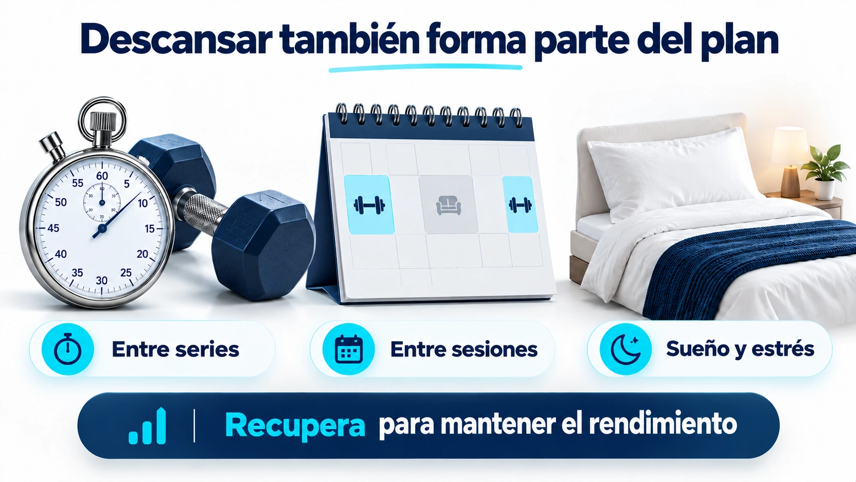 Descanso entre series y sesiones, sueño y gestión del estrés como partes de la recuperación.