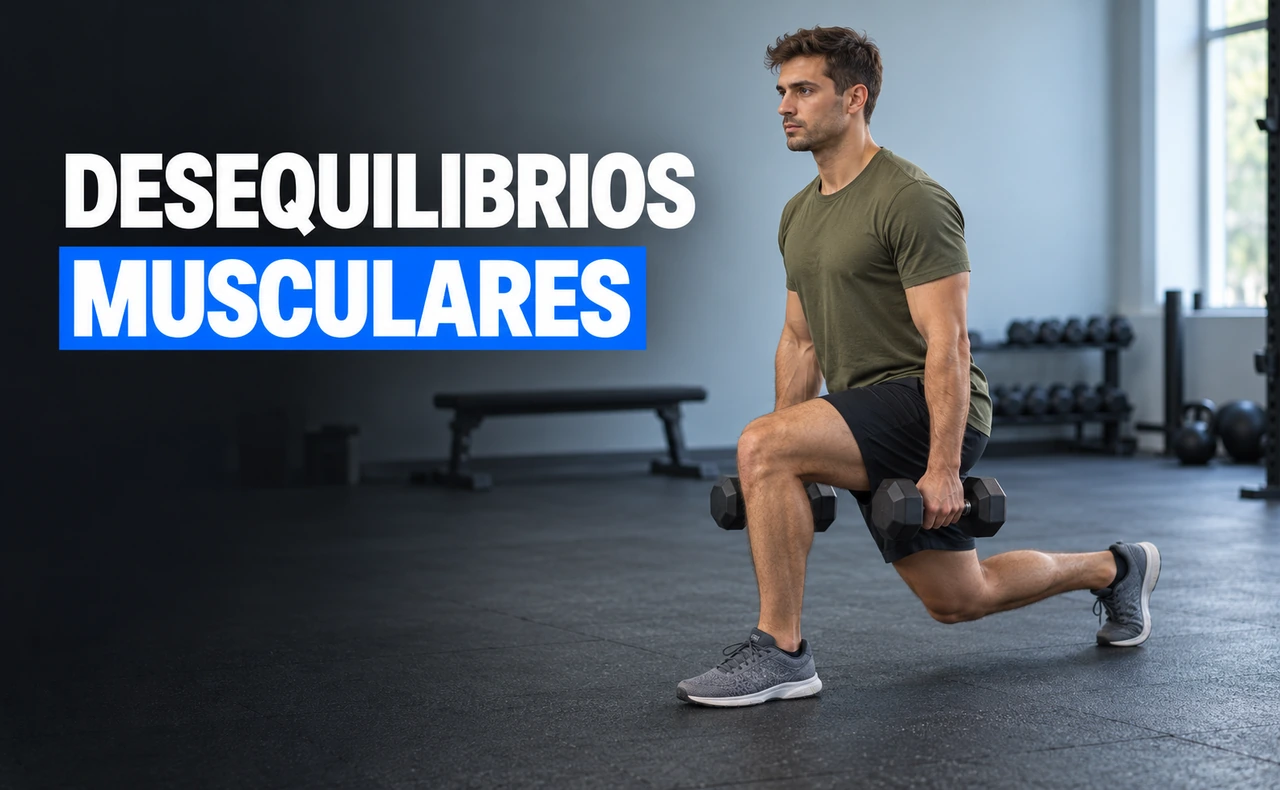 Hombre joven y atlético realizando un split squat con mancuernas, junto al titular «Desequilibrios musculares».