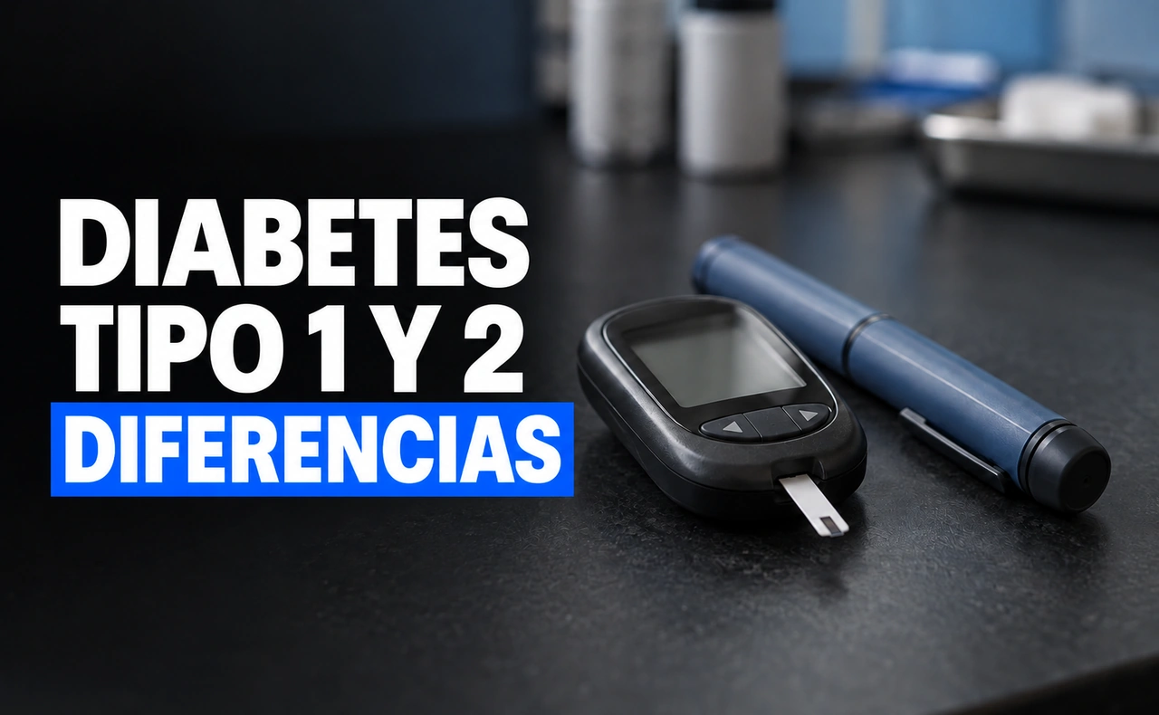 Glucómetro sin lectura numérica y pluma de insulina tapada con el titular «DIABETES TIPO 1 Y 2 DIFERENCIAS».