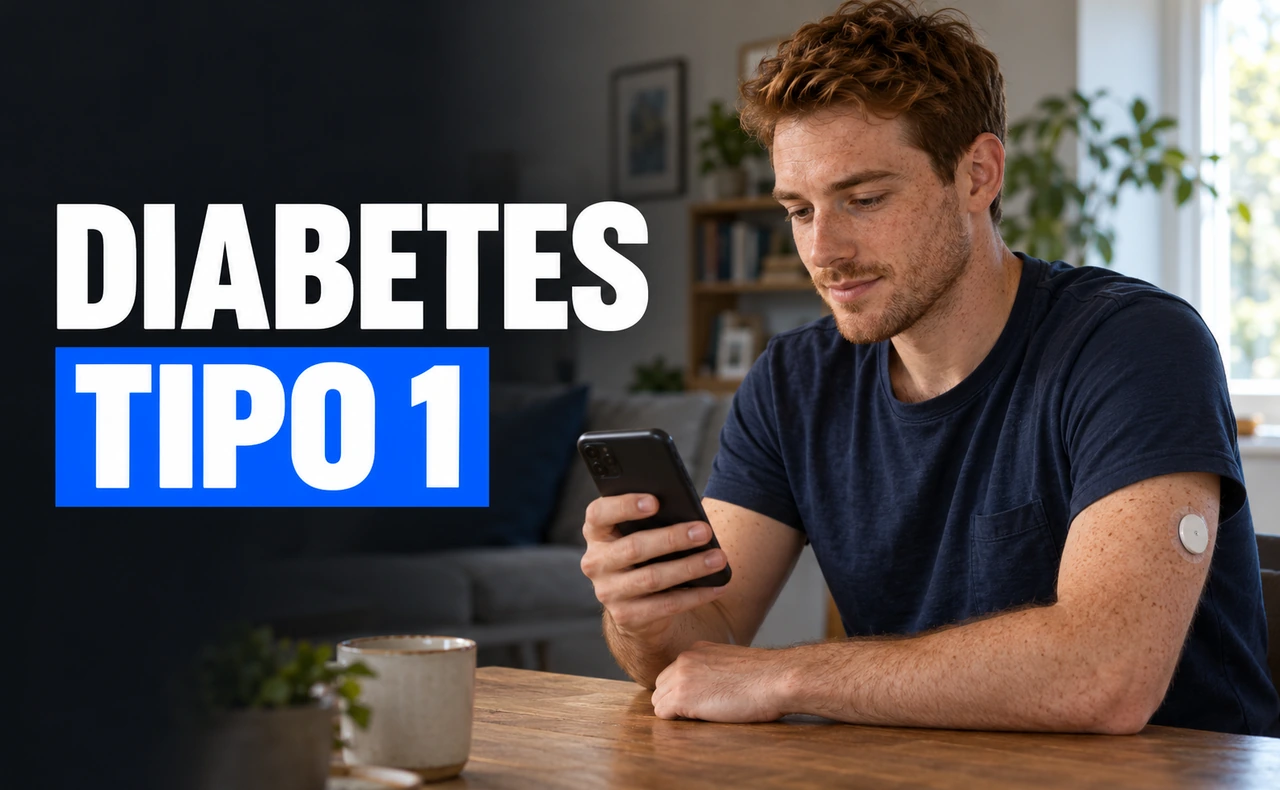 Hombre consultando su móvil en casa con un sensor de glucosa en el brazo y el titular «DIABETES TIPO 1».