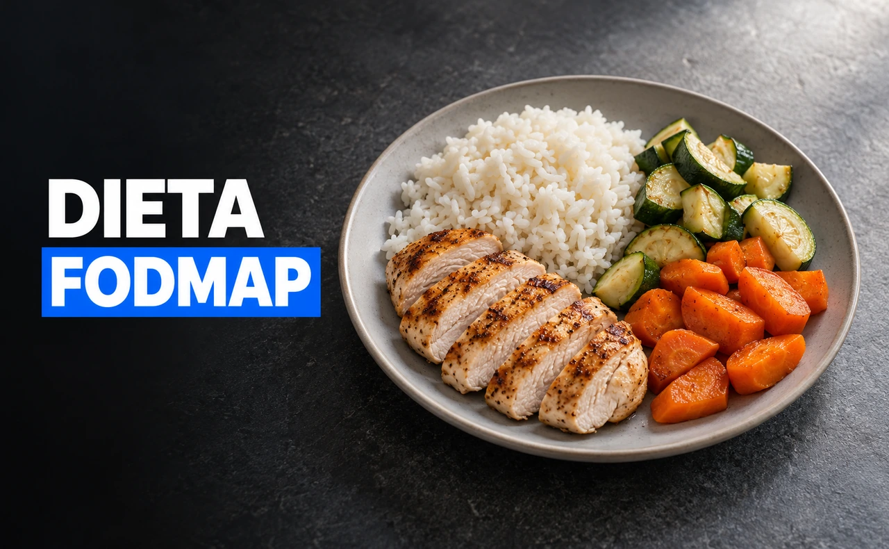 Plato de arroz, pollo, calabacín y zanahoria sobre una mesa gris, junto al titular «Dieta FODMAP».