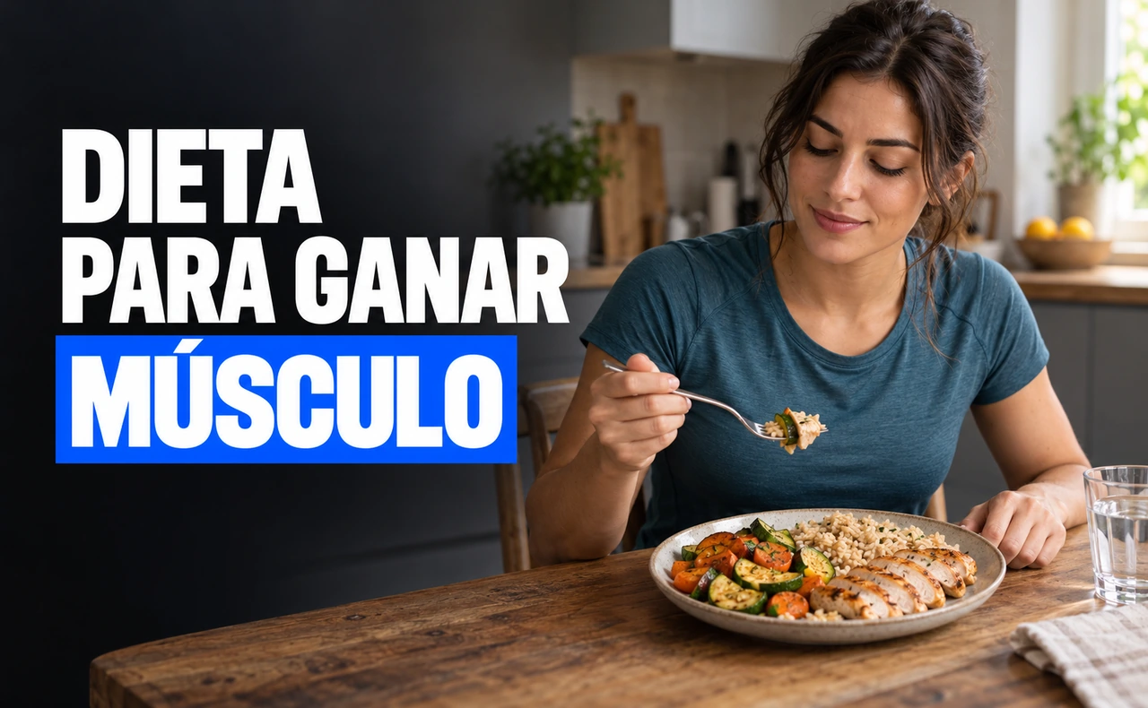 Deportista joven comiendo un plato de pollo, arroz y verduras en una cocina, con el titular «Dieta para ganar músculo».