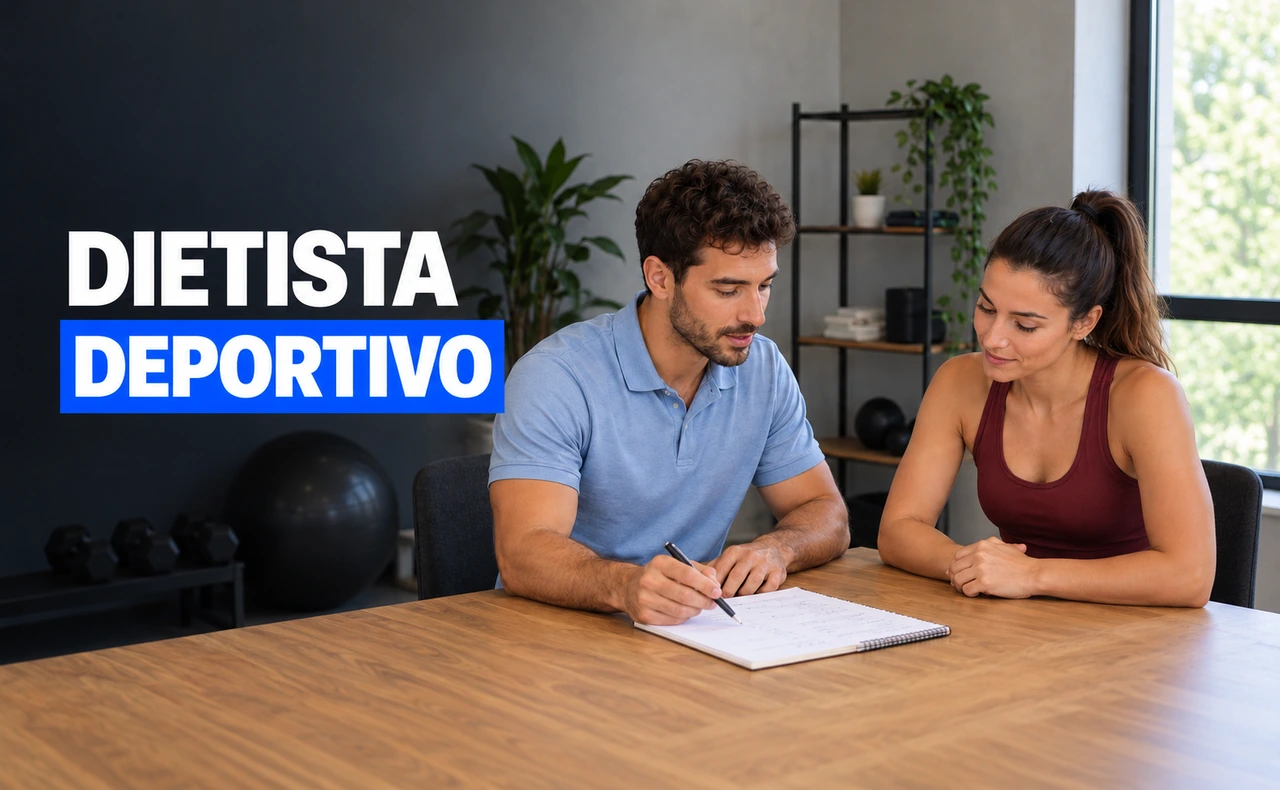 Dos adultos jóvenes revisando un cuaderno durante una consulta de nutrición deportiva, con el titular «Dietista deportivo».