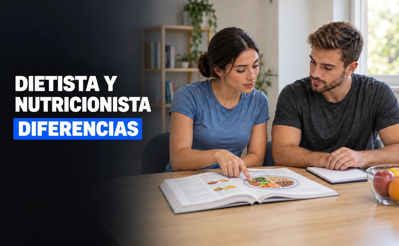 Dos jóvenes con camisetas deportivas revisando un libro de nutrición; la joven señala la ilustración de un plato mientras el joven observa. Titular: «Dietista y nutricionista, diferencias».