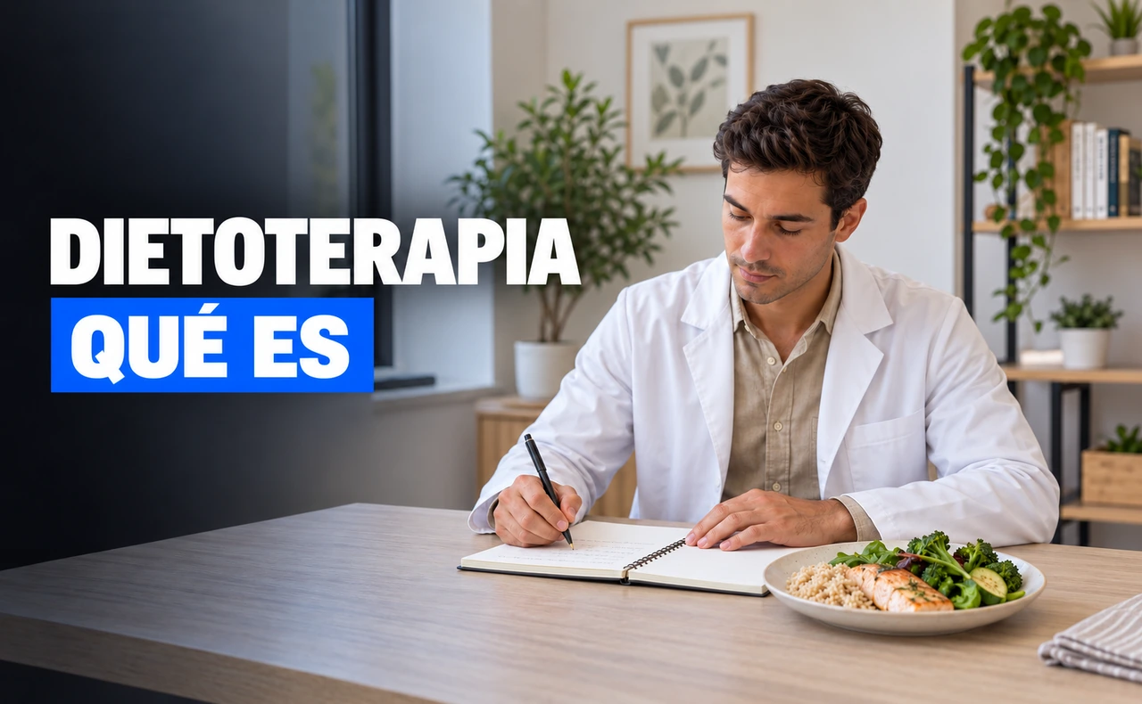 Hombre joven anotando en un cuaderno junto a un plato de arroz, pescado y verduras en una consulta, con el titular «Dietoterapia: qué es».