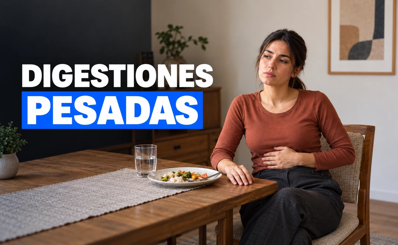Mujer joven sentada a una mesa de comedor con una mano sobre el abdomen, junto a un plato y un vaso de agua, con el titular «Digestiones pesadas».