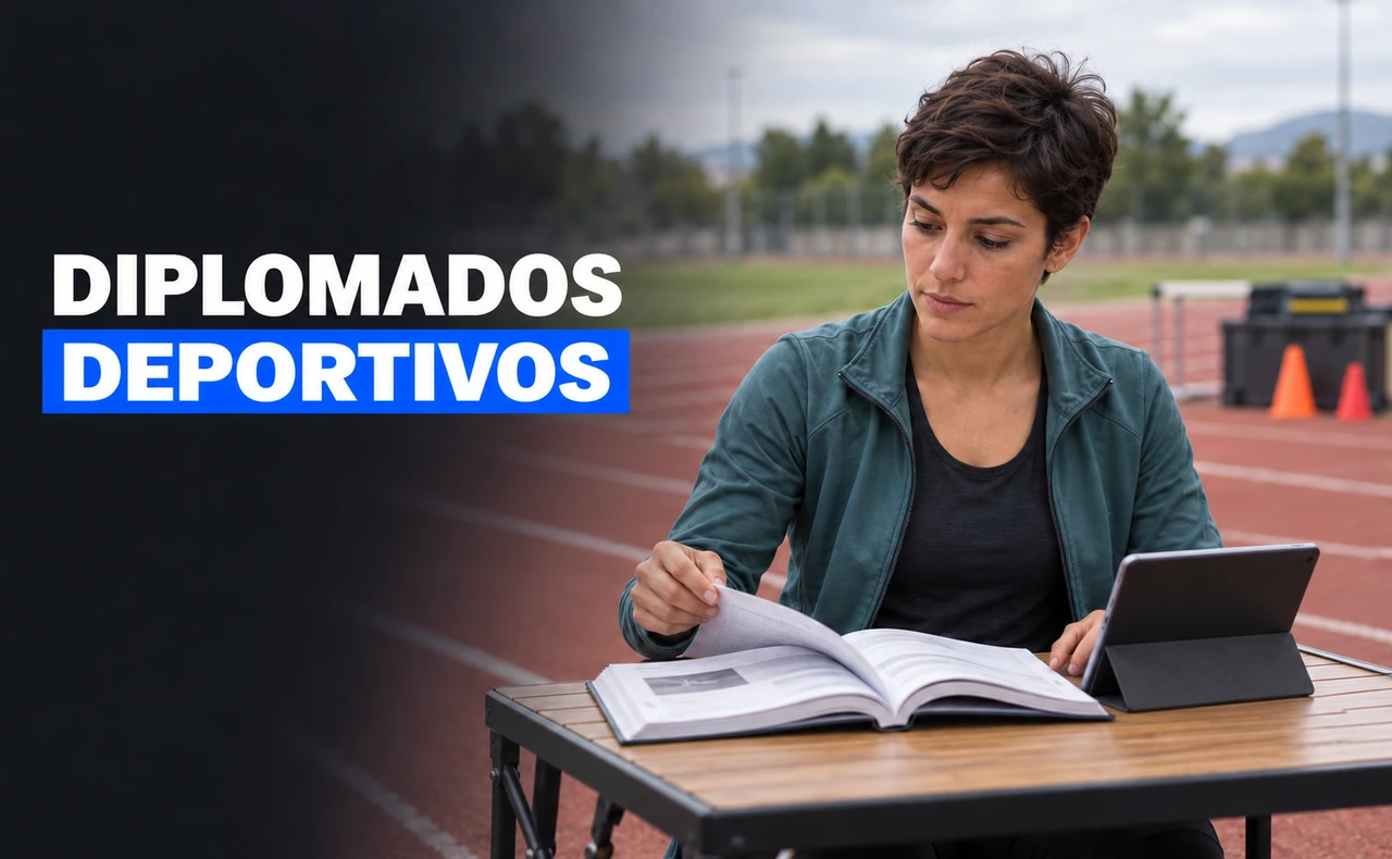 Joven con chaqueta deportiva verde azulado estudiando un manual y una tableta junto a una pista de atletismo. Titular: «Diplomados deportivos».