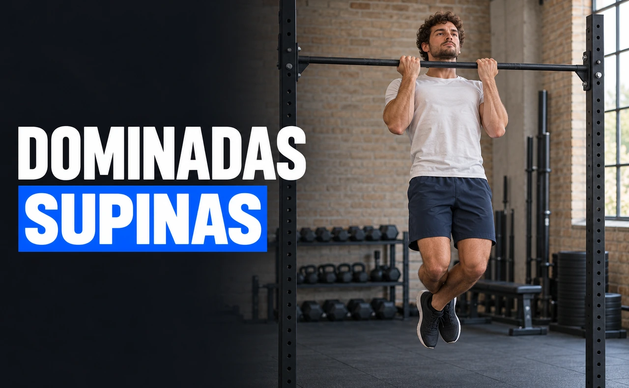 Deportista joven realizando una dominada supina con las palmas orientadas hacia su cuerpo, junto al titular «Dominadas supinas».