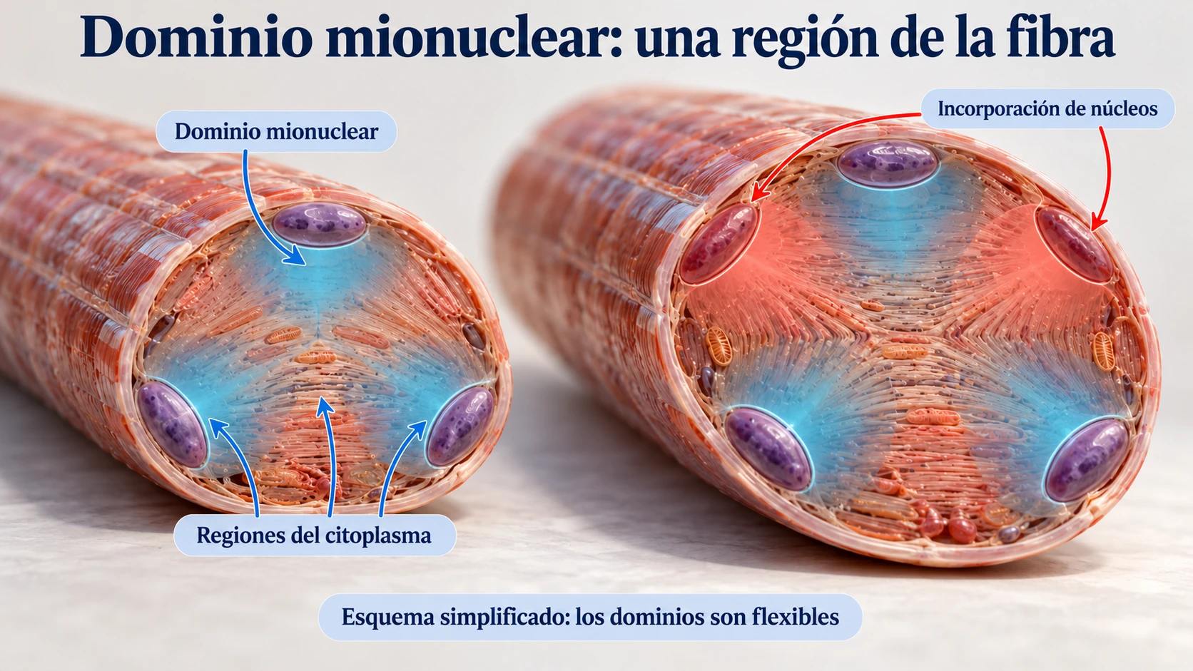 Regiones del citoplasma asociadas a los mionúcleos y representación de la incorporación de nuevos núcleos durante la hipertrofia.