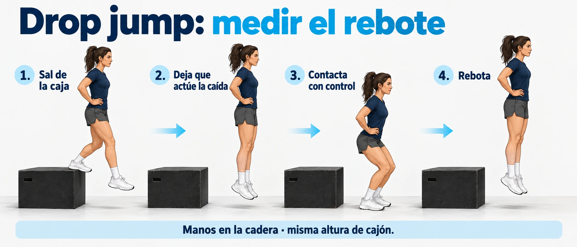 El drop jump comienza saliendo del cajón sin impulso hacia arriba, seguido de recepción y rebote; la prueba mantiene las manos en la cadera.