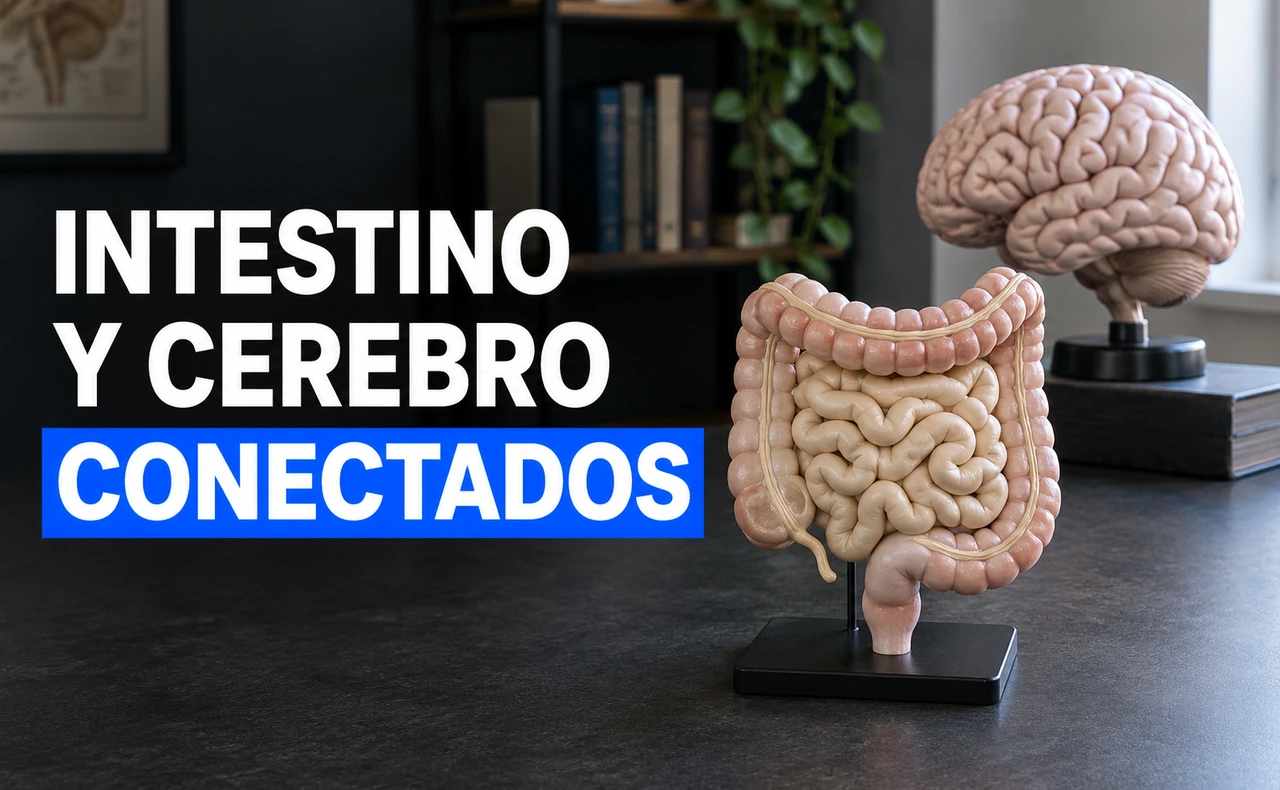 Modelos anatómicos de intestino y cerebro sobre una mesa de estudio, junto al titular «Intestino y cerebro conectados».