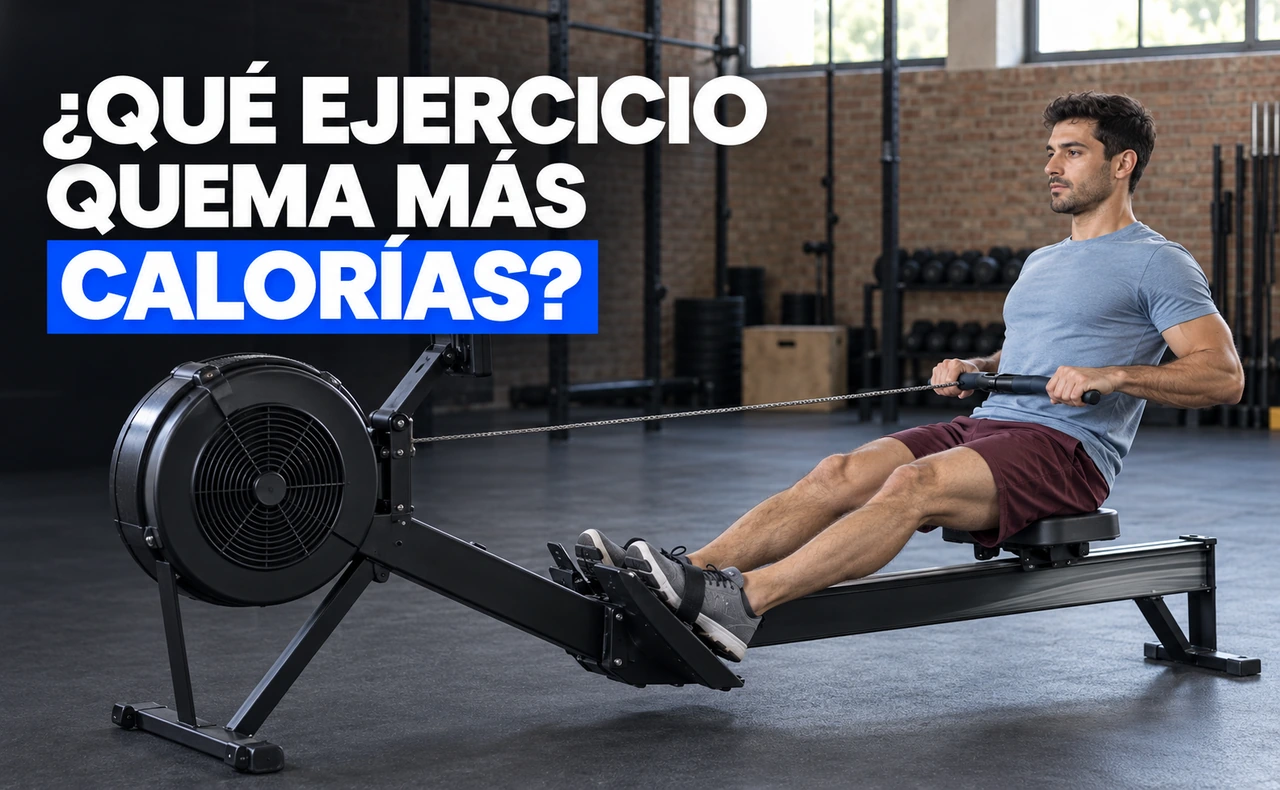 Hombre joven y atlético entrenando en un ergómetro de remo, junto al titular «¿Qué ejercicio quema más calorías?».