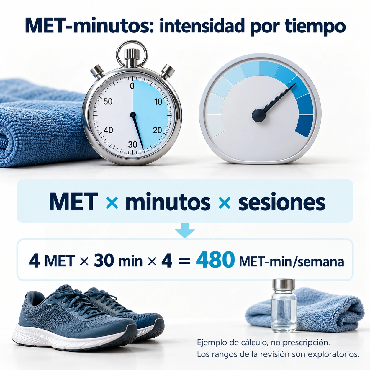 Cálculo ilustrativo de la dosis semanal: cuatro MET por treinta minutos y cuatro sesiones equivale a 480 MET-minutos.
