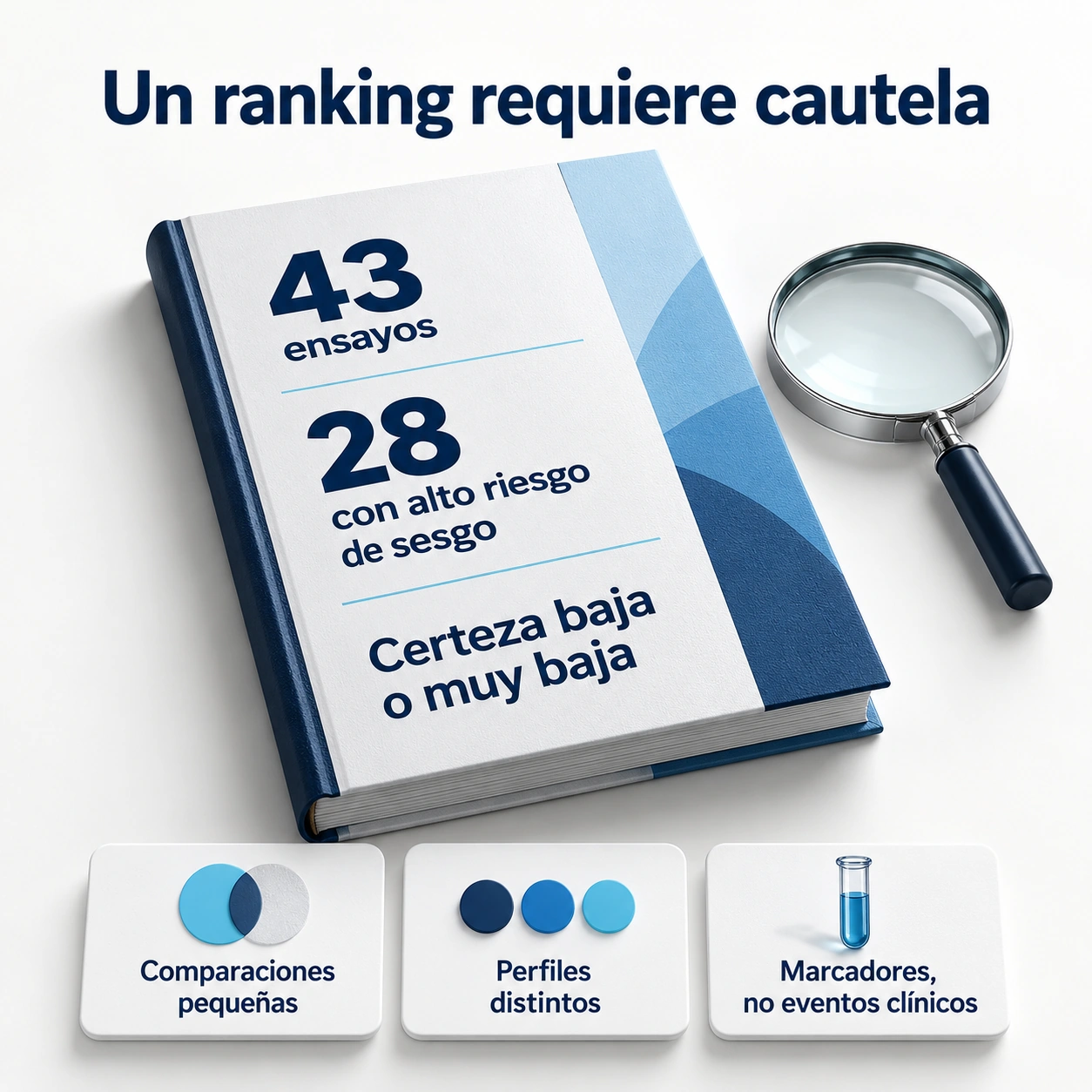 Límites de la evidencia: 43 ensayos, 28 con alto riesgo de sesgo y certeza baja o muy baja.
