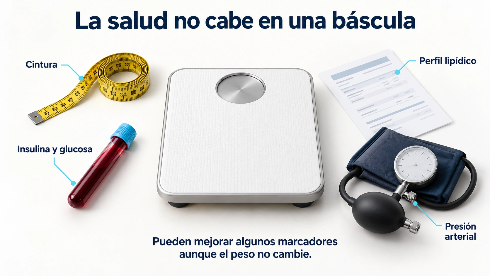 Marcadores de salud metabólica que pueden mejorar con el ejercicio aunque el peso no cambie: cintura, insulina, glucosa, lípidos y presión arterial.