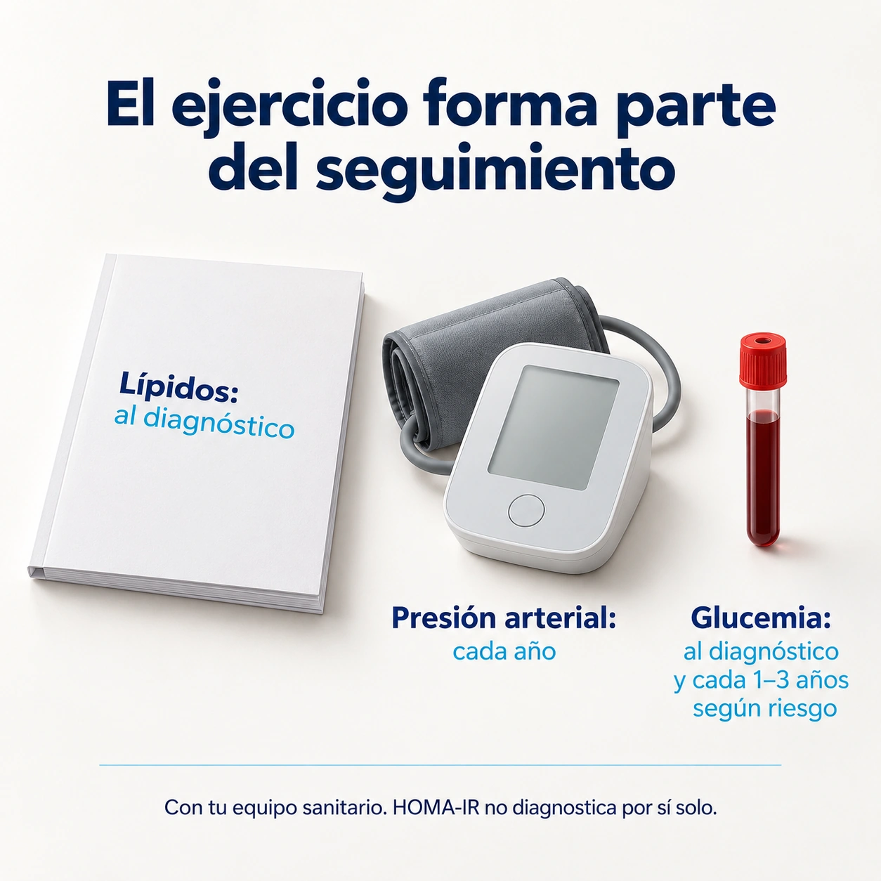 Seguimiento de lípidos, presión arterial y glucemia con el equipo sanitario, recordando que HOMA-IR no diagnostica por sí solo.