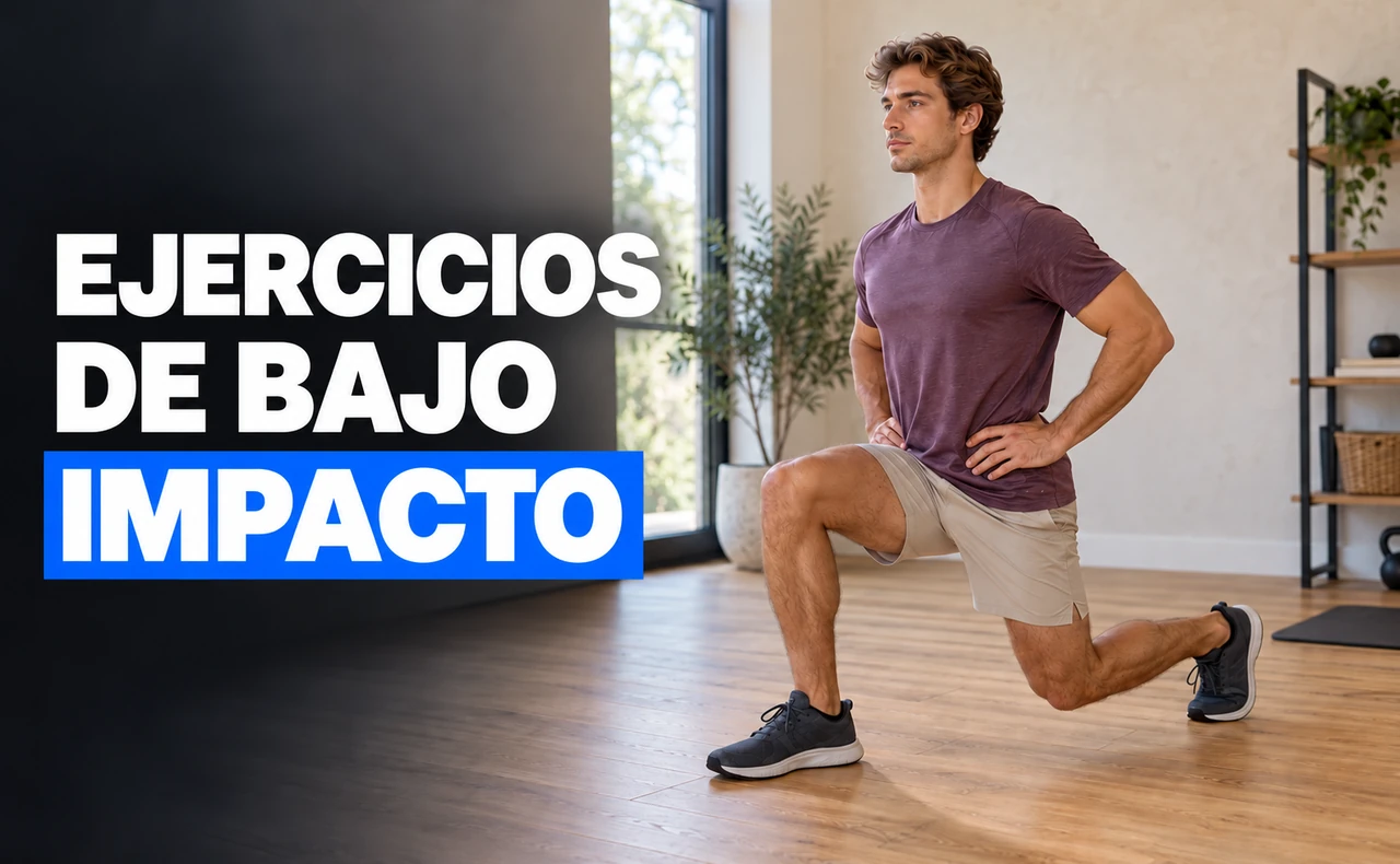 Deportista joven realizando una zancada estática controlada en una sala con luz natural, con el titular «Ejercicios de bajo impacto».