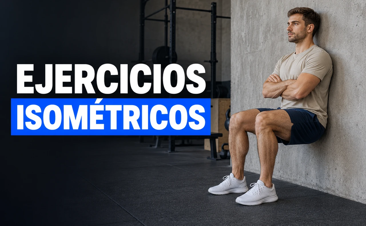 Deportista joven manteniendo una sentadilla contra una pared con los brazos cruzados, con el titular «Ejercicios isométricos».