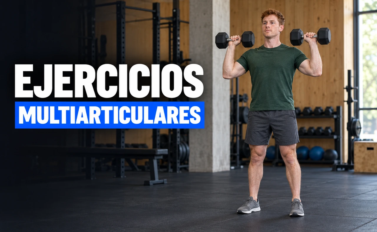 Hombre realizando un press de hombros de pie con dos mancuernas junto al titular «Ejercicios multiarticulares».