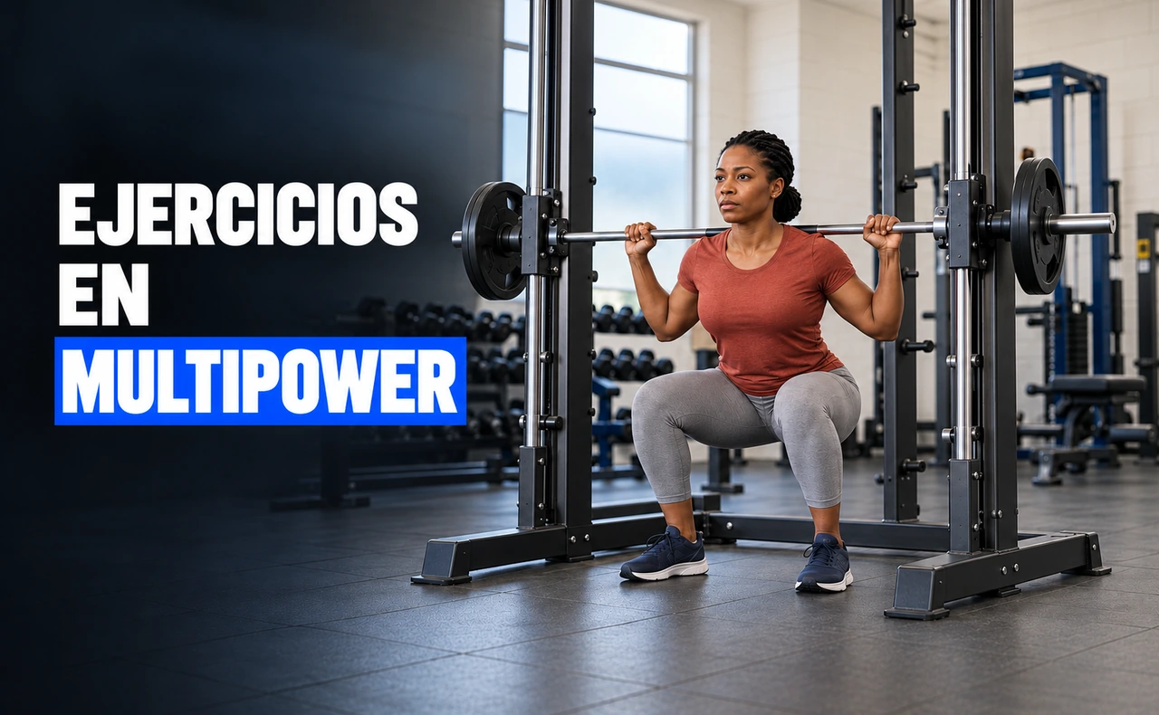 Mujer realizando una sentadilla en una multipower, con la barra guiada sobre la espalda y el titular «Ejercicios en multipower».