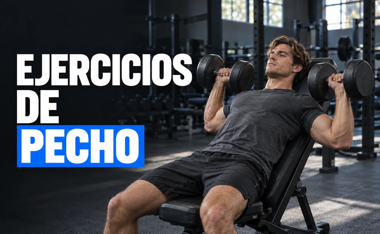 Hombre realizando un press inclinado con mancuernas con el titular «EJERCICIOS DE PECHO».