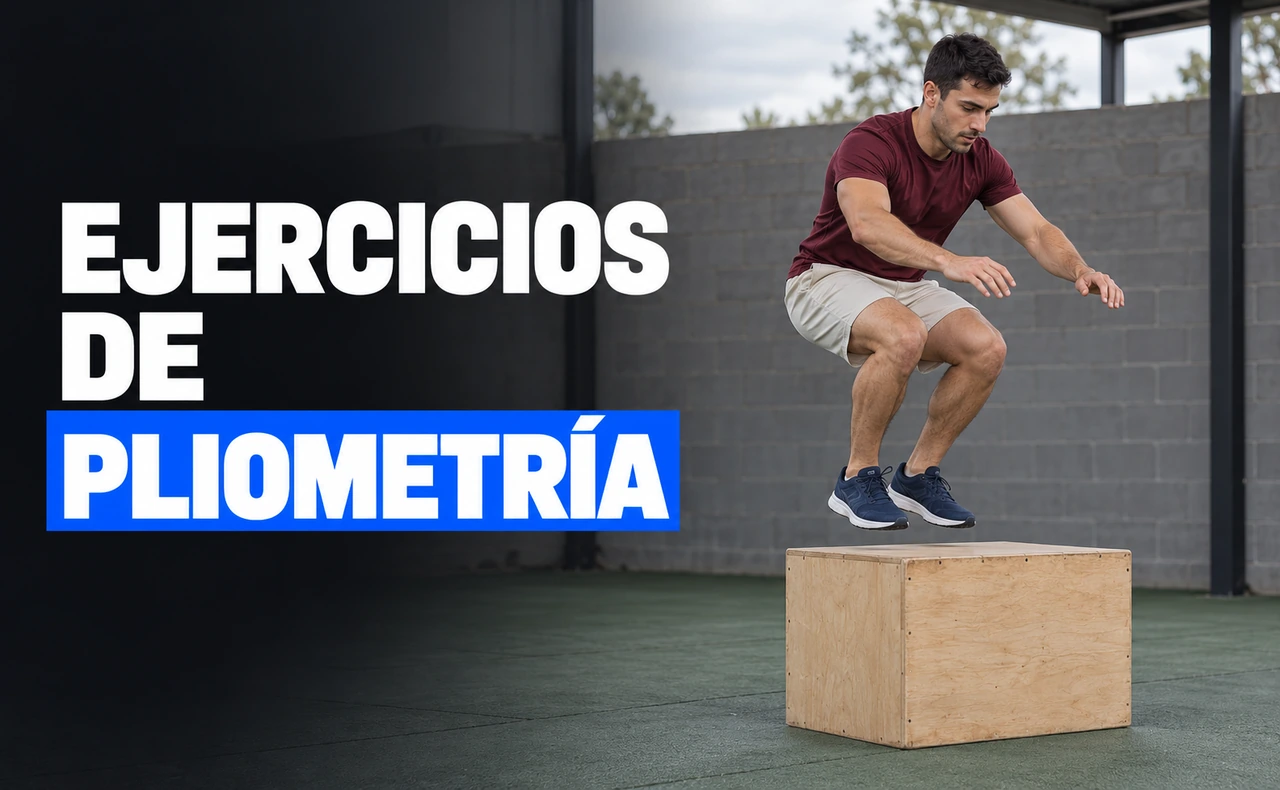 Deportista joven realizando un salto con ambos pies hacia un cajón de madera, junto al titular «Ejercicios de pliometría».