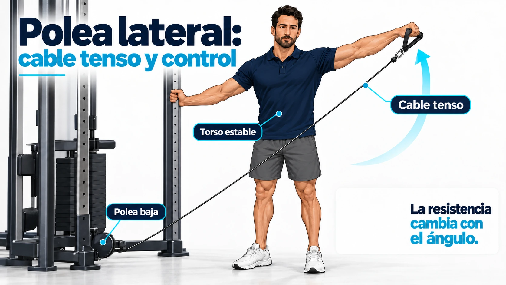 Elevación lateral en polea con cable tenso, torso estable y agarre de mango