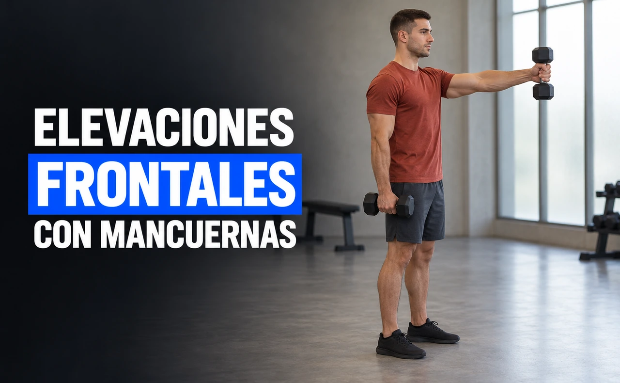 Deportista joven realizando una elevación frontal alternada con mancuernas de pie, junto al titular «Elevaciones frontales con mancuernas».