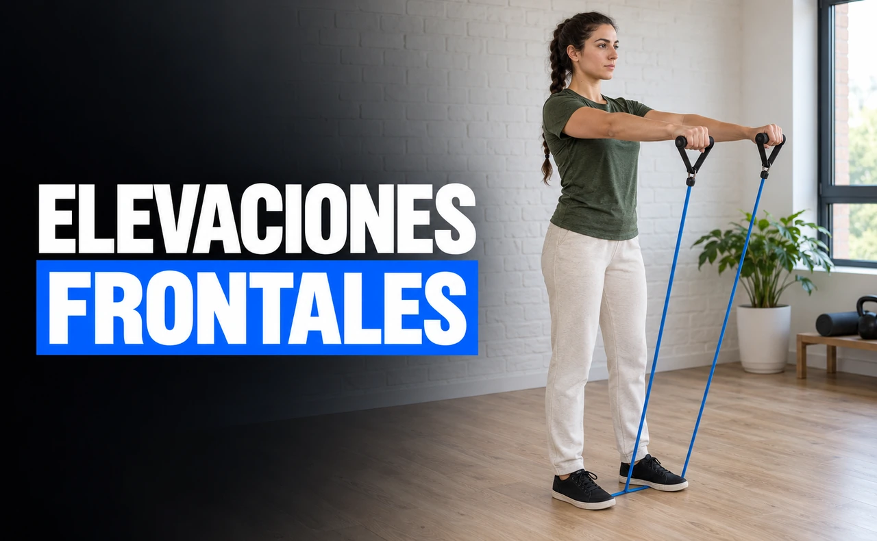 Deportista joven realizando elevaciones frontales con una banda elástica sujeta bajo los pies, junto al titular «Elevaciones frontales».
