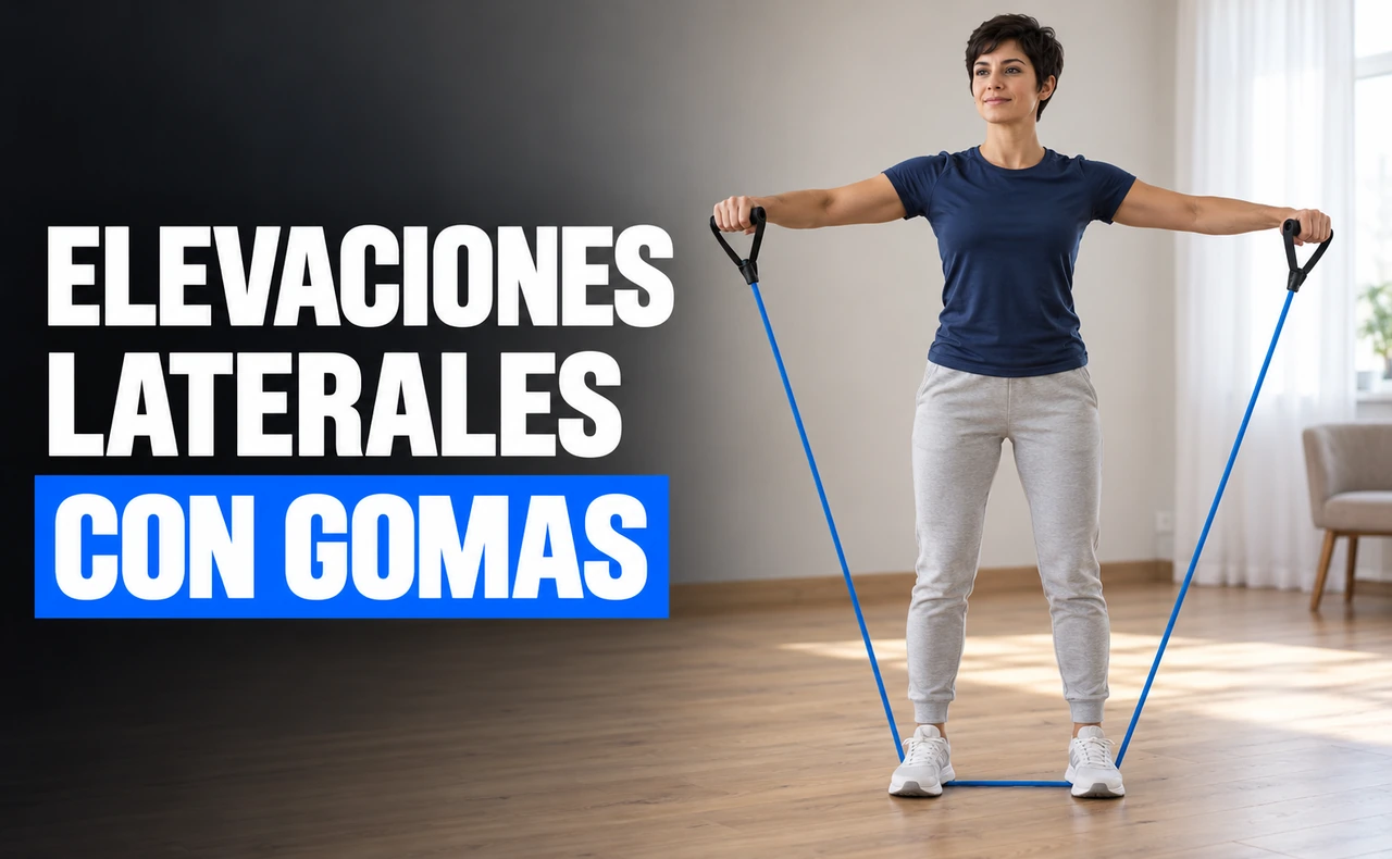 Deportista joven realizando elevaciones laterales en casa con una goma azul anclada bajo ambos pies, junto al titular «Elevaciones laterales con gomas».